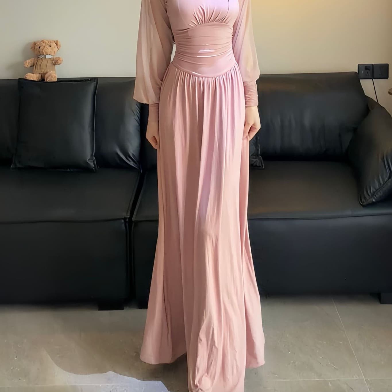 2026 New French Style Elegant Long Dress Half Turtleneck Pleated Long Sleeve Mesh Dress Waist-Tightening Slim Fit Women
