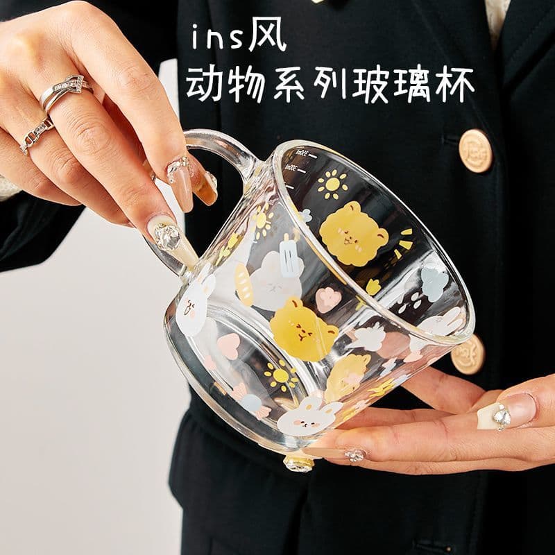 Cute Cartoon Bear Glass Cup for Girls, Ins High Appearance, Heat-Resistant Milk, Beverage, Coffee, Juice Drinking Cup