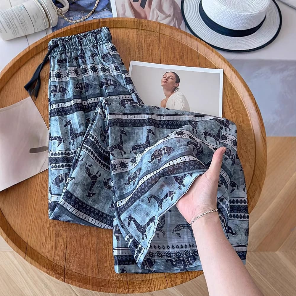 Tencel Linen Printed Wide Leg Pants Women Summer Thin 2026 New Draped Cool Pants Sun Protection Cotton Linen Straight Leg Pants