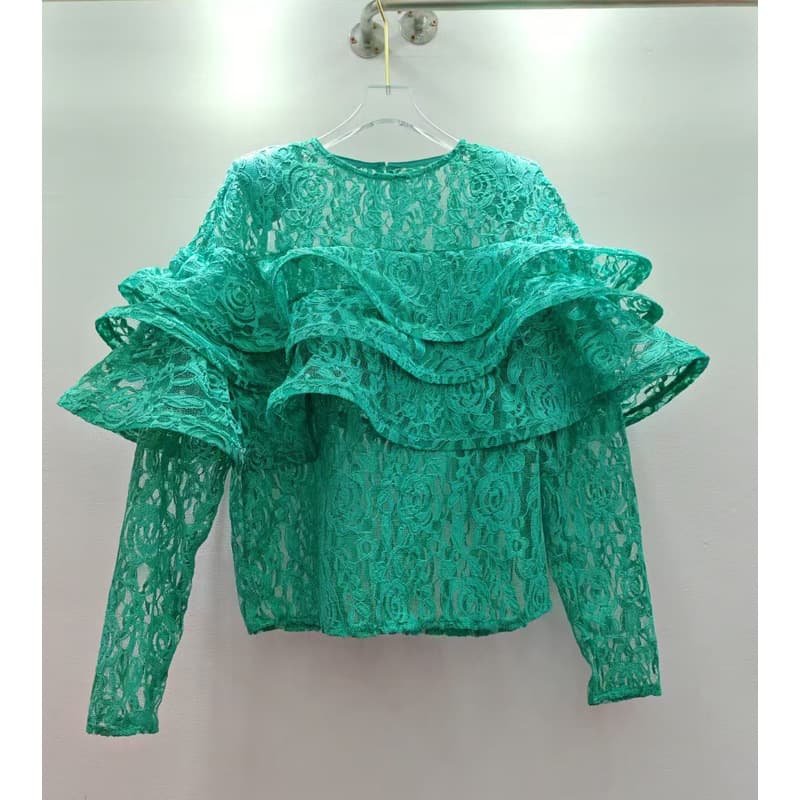 European High-End Style 2025 Spring New Ruffle Long Sleeve Round Neck Wooden Ear Stitching Lace Top for Women