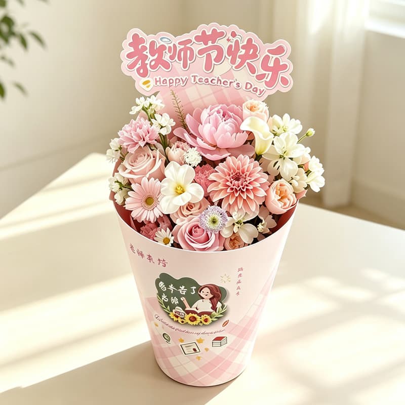 Teacher's Day Hug Bucket Flower Box, Pink Plaid Fresh Flower Gift Box, Floral Wrapping Bucket, Teacher's Day Bouquet Wrap