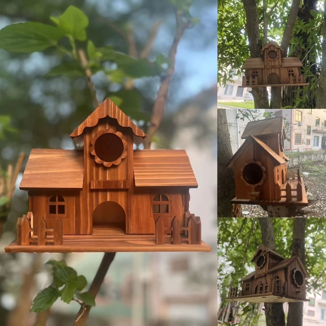 Cross-Border Hot Selling New Outdoor Birdhouse Solid Wood Entrance Garden Birdhouse Courtyard Terrace Decoration Wooden Birdhouse Feeding