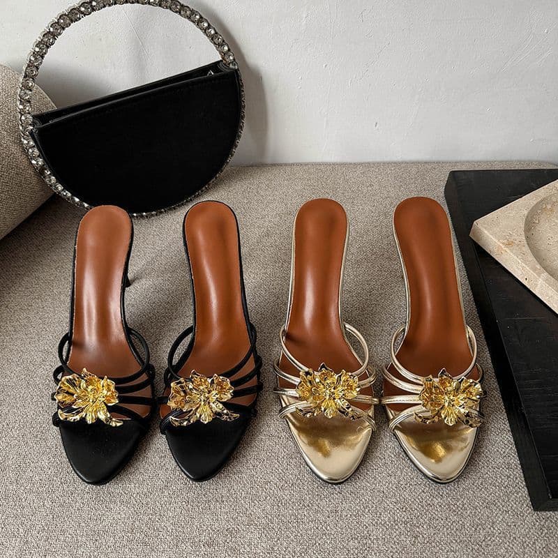 Metal Flower Stunning Sandals Stiletto Heels Black Open-Toe Slippers for Women 2025 Summer New Arrival