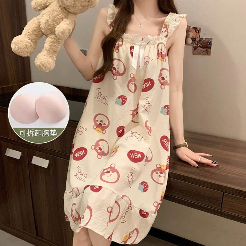 Women's Summer Thin Camisole Sleep Dress with Built-in Pads, New Style Nightgown Vest Dress Loungewear for Export