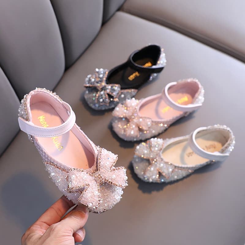 2025 Korean Style New Girls' Princess Bow Leather Shoes Crystal Shoes Velcro Dance Performance Shoes
