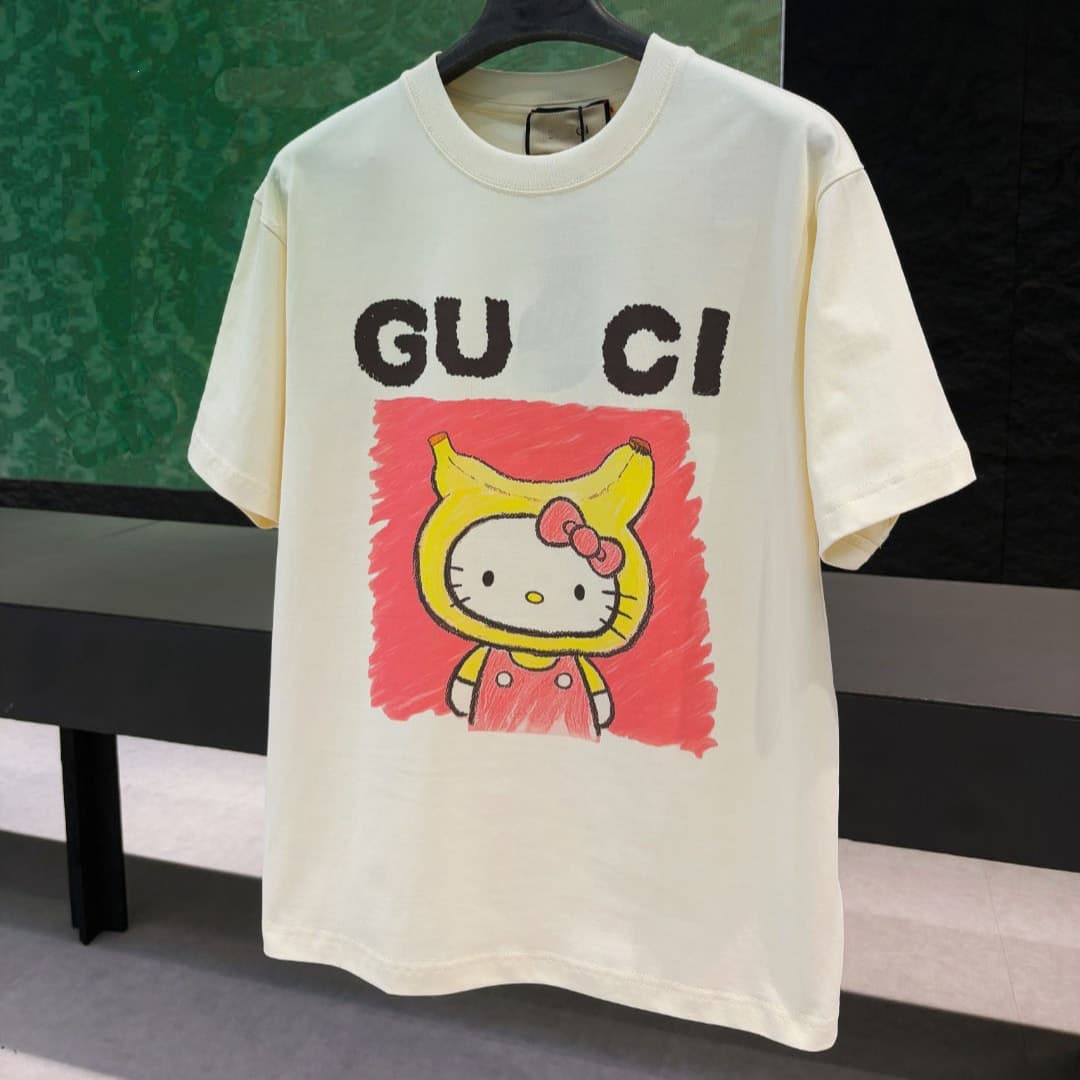 Correct version GU co-branded Hello Kitty banana head crayon style printed childlike cartoon short-sleeved T-shirt