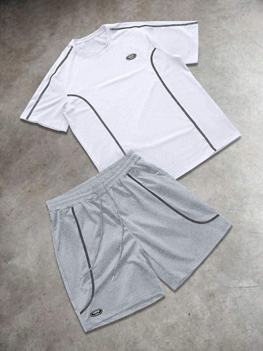 American KING Graffiti Short Sleeve Shorts Set White Top with All-Over Multi-Element Letter Star Basketball Print