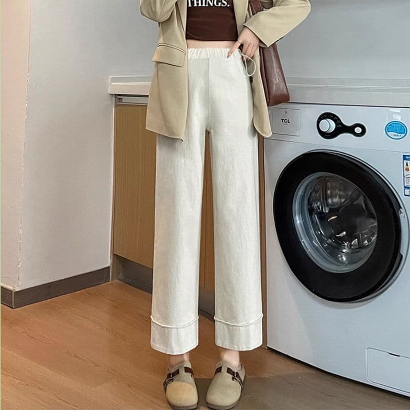 Maternity Cropped Pants Spring Summer Apricot Denim Jeans Drawstring Straight Leg Loose Wide Leg Adjustable Maternity Pants