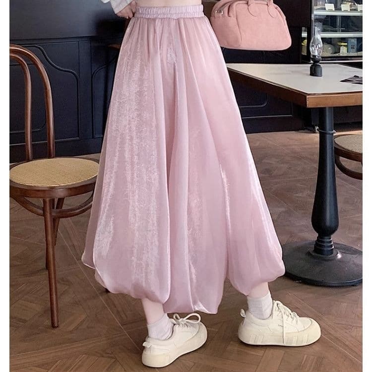 Pink skirt for women in spring, summer and autumn, mid-length high-waisted A-line flowing gauze skirt for small people, pearlescent fluffy flower bud skirt