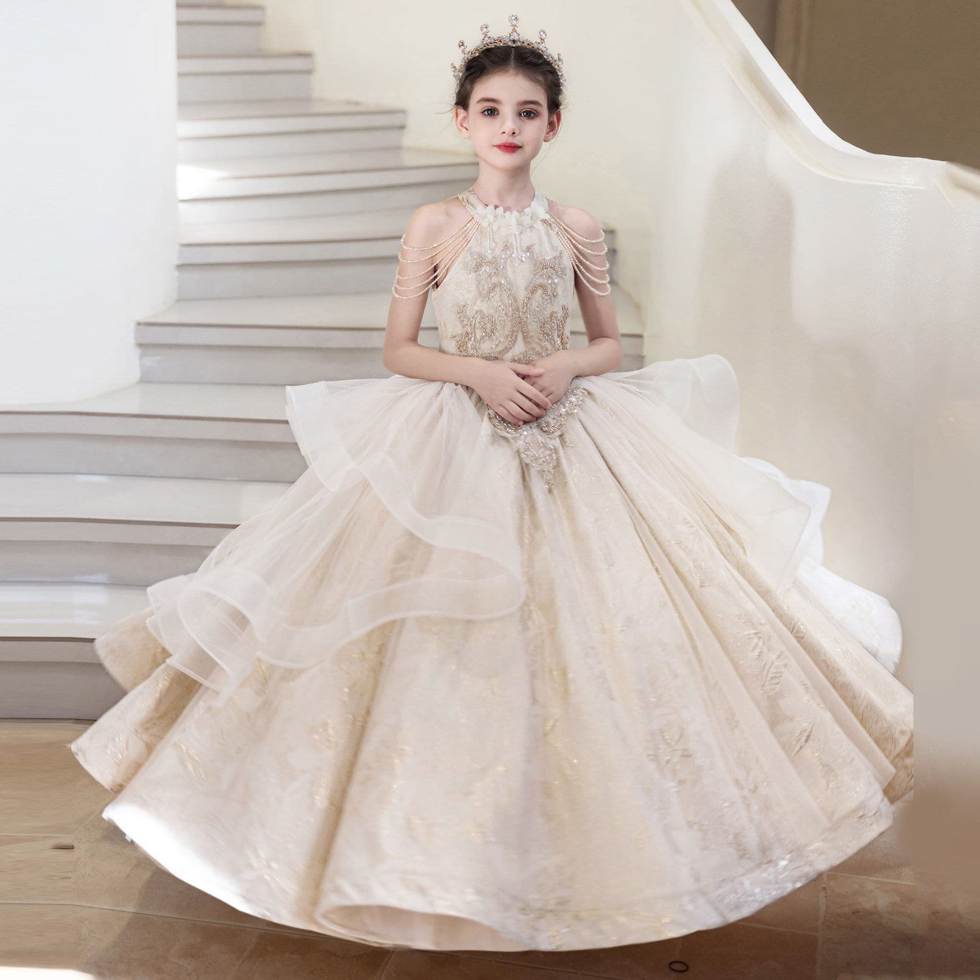 Girl's Formal Dress 10-Year-Old Birthday Princess Gown Children's Catwalk Host Performance Costume Flower Girl Tutu Dress
