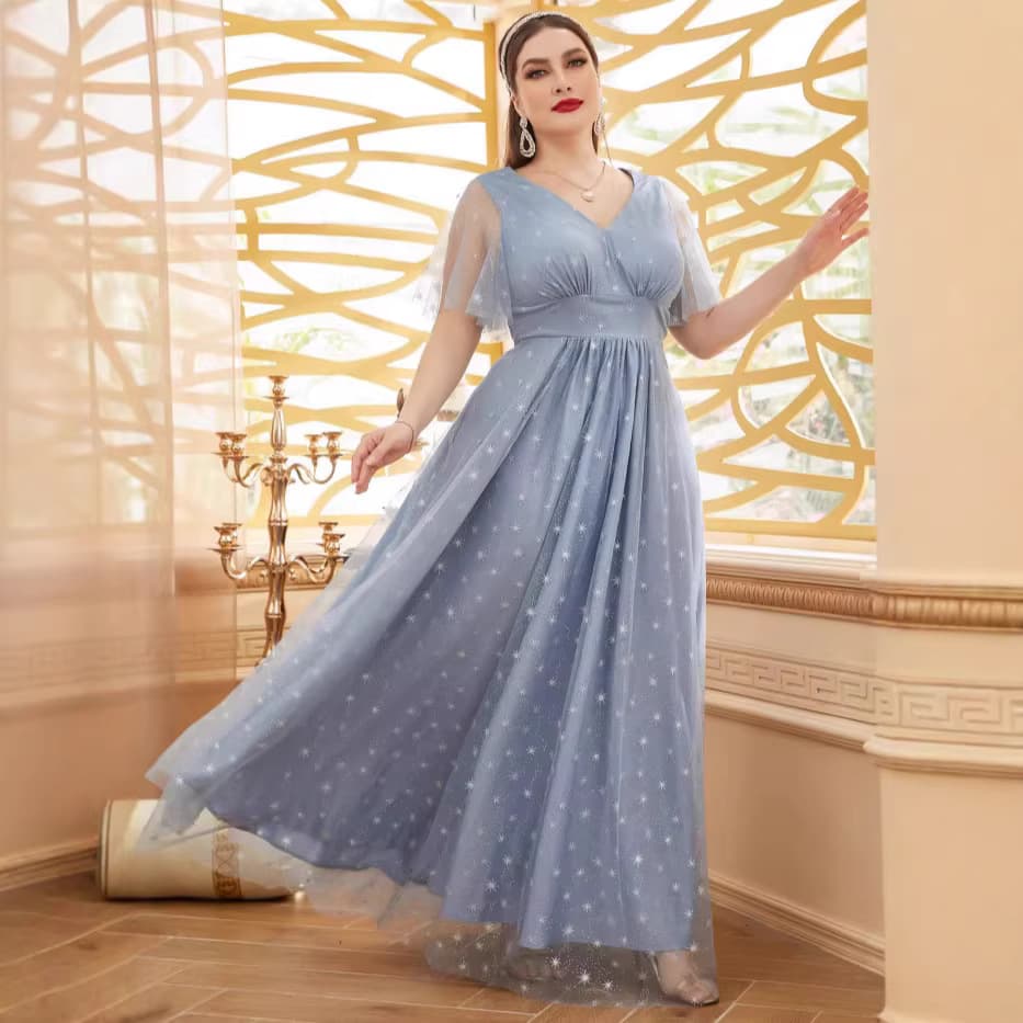 21988 Hot Selling Overseas: Haze Blue Starry Plus Size Evening Dress for Women with V-Neck and Flowing Mesh Skirt