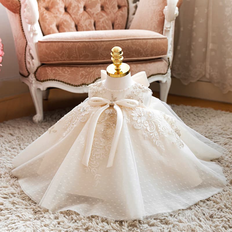 Baby Girl's White Birthday Princess Dress for First Birthday, Flower Girl Wedding, Piano Performance Evening Gown