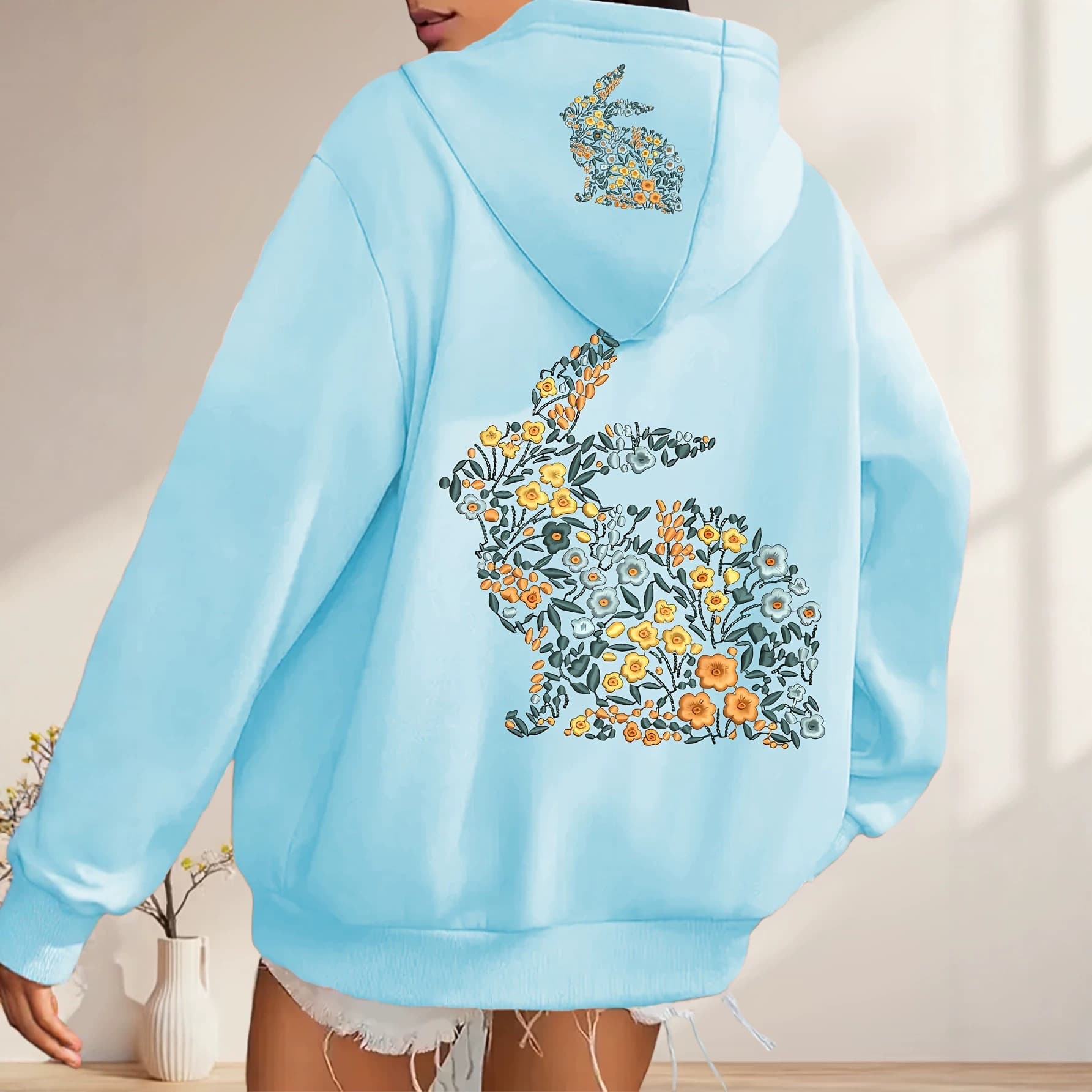Forest style healing yellow floral floral rabbit double-sided printed hooded sweatshirt for men and women loose lazy long-sleeved top new style