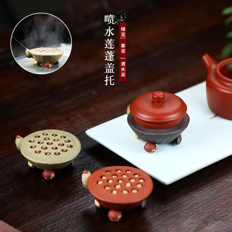 Yixing Purple Sand Spraying Lotus Pod Lid Rest Ornament, Hand-sculpted Lotus Seed and Root Artisan Tea Set Accessory