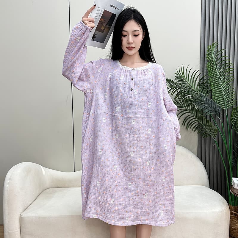 Chunqiu Plus Size Cotton Nightgown for Women, Thin Long-Sleeve Home Dress, 200-300 lbs, Wearable as a Dress