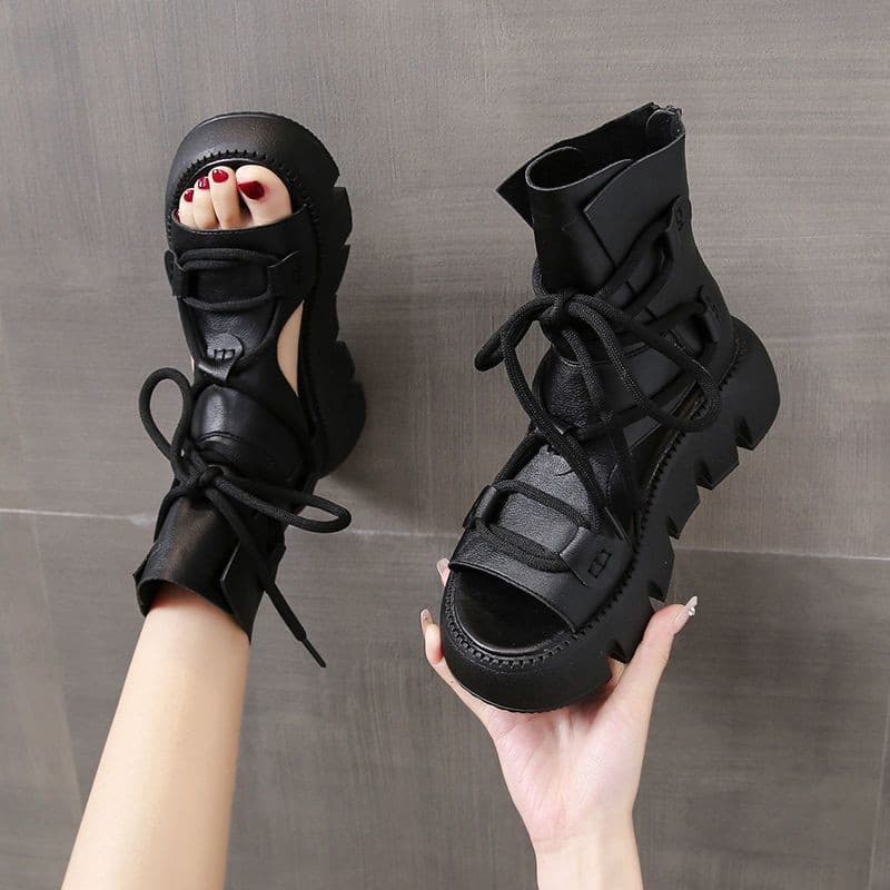 High-top sandal boots wholesale 2025 summer retro platform thick sole peep-toe hollow Roman shoes high-heel sandal boots sandals for women