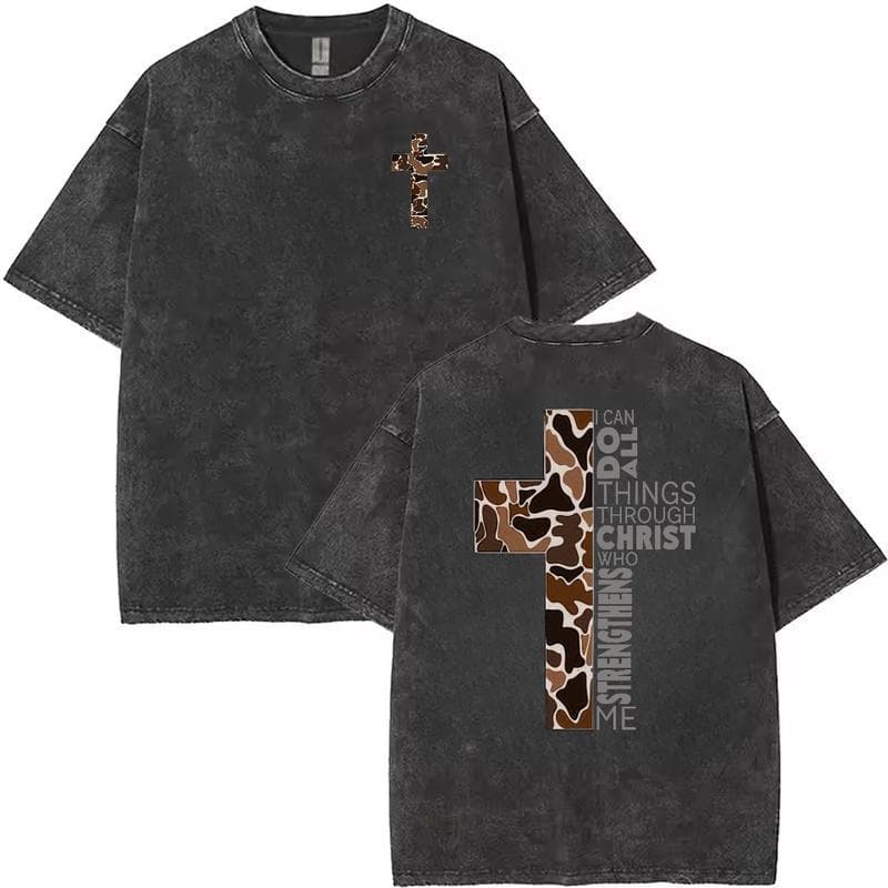 Cross-border European Size Christian T-Shirt, Camo Cross Design With Philippians