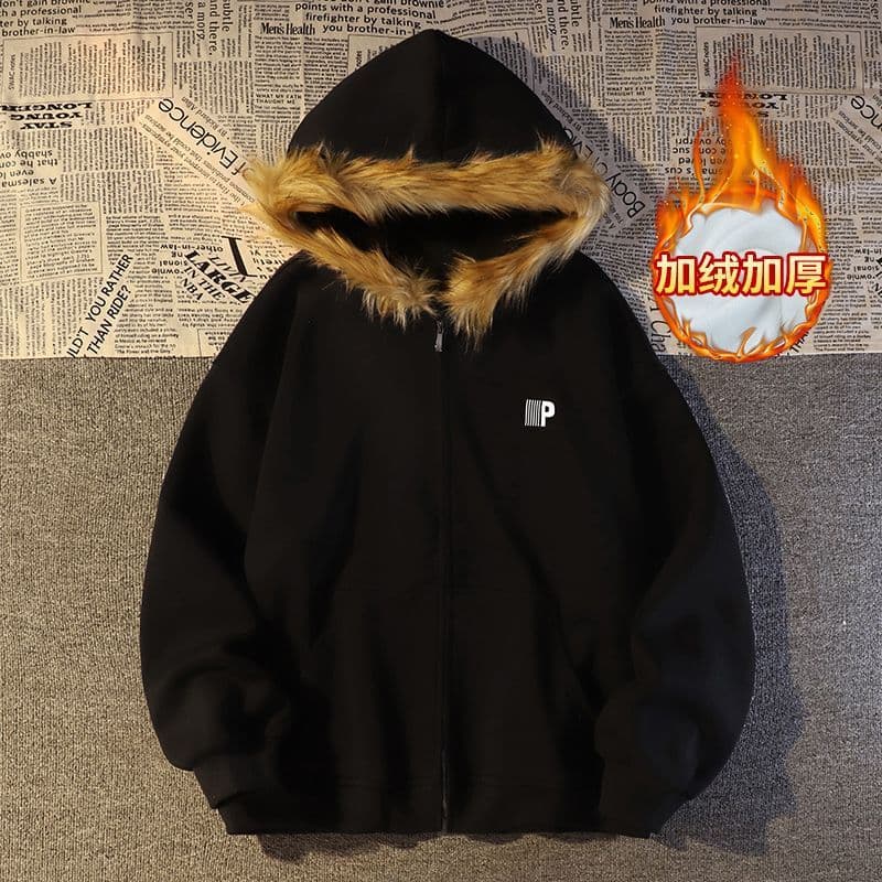 American Retro Trendy Brand Fur Collar Zipper Cardigan Hooded Hoodie Women's Autumn/Winter Couples High-end Casual Coat Trendy