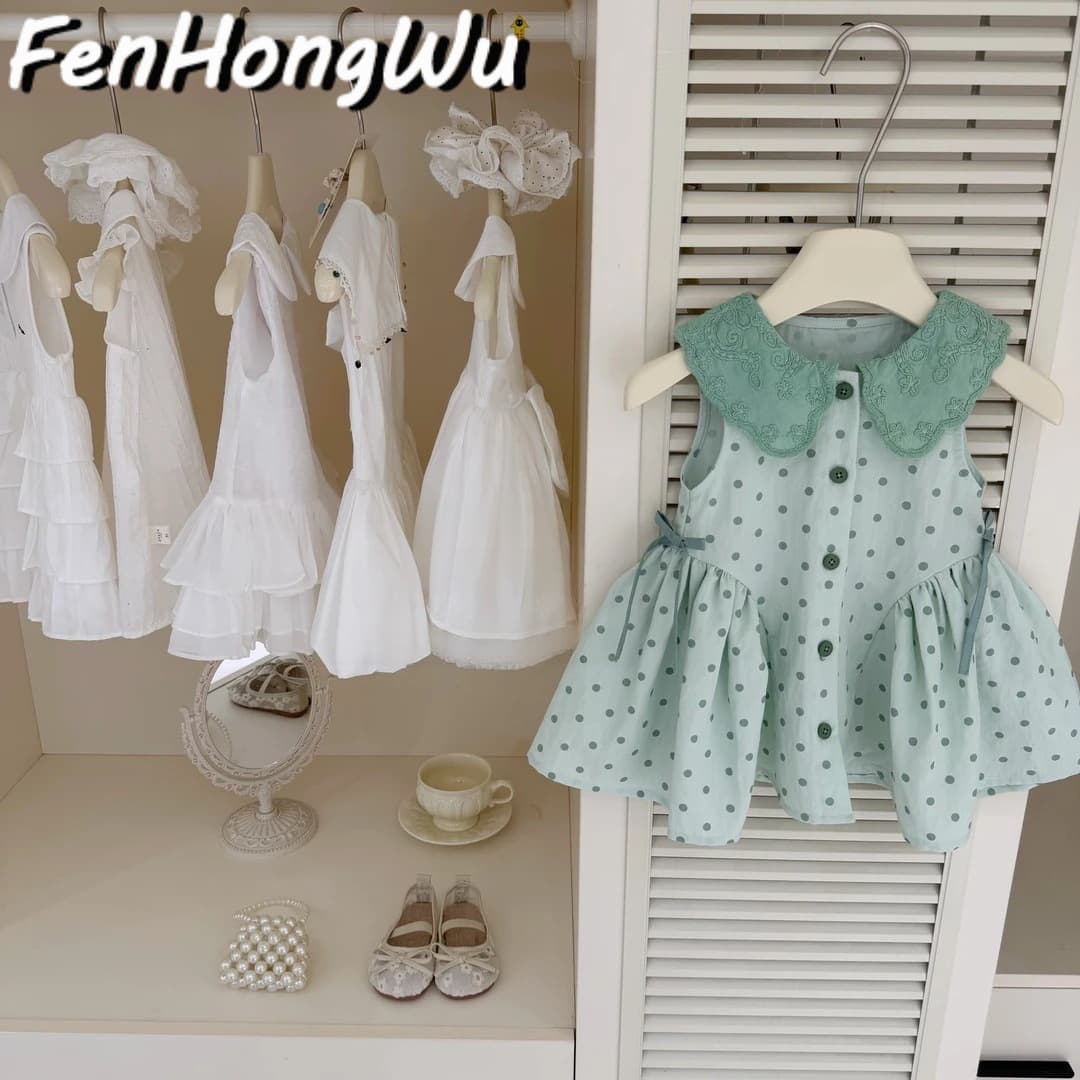 【Pink House】Mint Lime! 2026 girls green polka dot embroidered doll collar vacation style sundress trendy