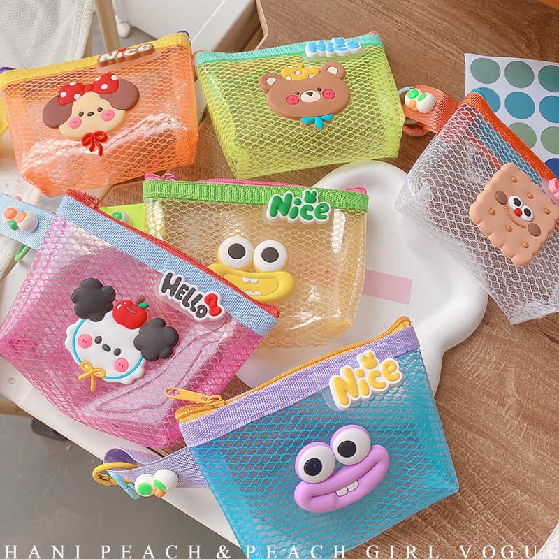 Hd416A03 Grid Color-Block Key Bag Card Holder Coin Pouch Transparent Data Cable Storage Bag Makeup Bag Cartoon