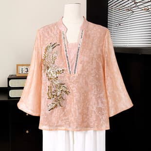 New Chinese Style Summer Mother's Outfit Retro National Embroidery Blouse Set Elegant Middle-aged and Elderly Women's Summer Chiffon Top