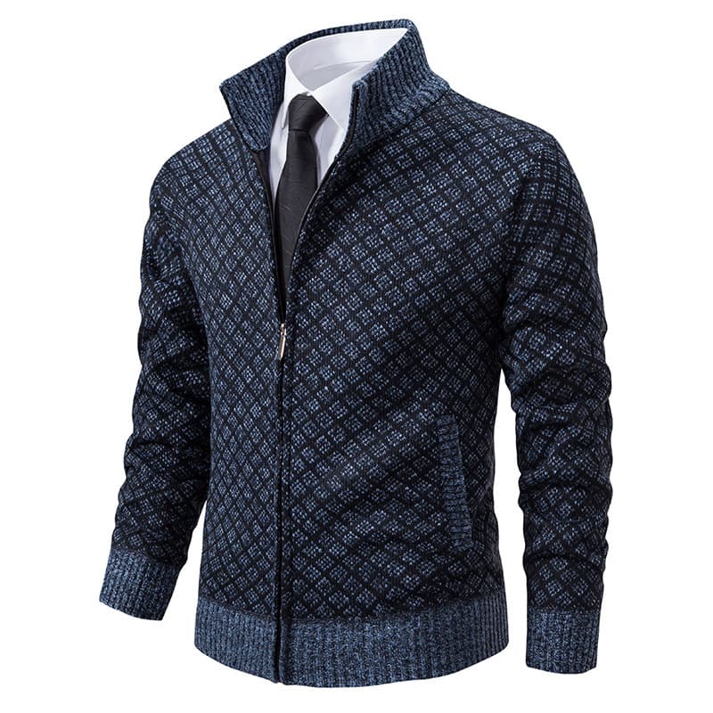 2024 Autumn/Winter Men's Fashion Plaid Jacket, Trendy Stand Collar Slim Fit Long Sleeve Casual Knitwear