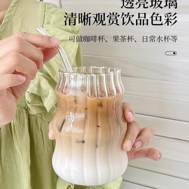 Chubby Coffee Glass Cup with Straw, Ins Style, High Appearance, for Home Use, Women, Cold Drinks, Beverages, Milk Tea Cup