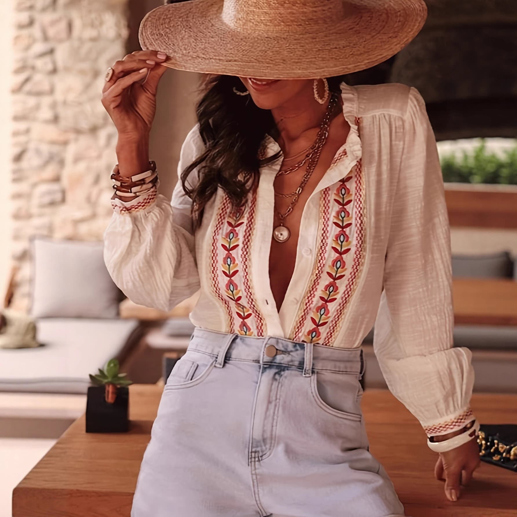 European and American Amazon Retro Ethnic Style Embroidered Long Sleeve Vacation Shirt with Lantern Sleeves New Women's Spring Top
