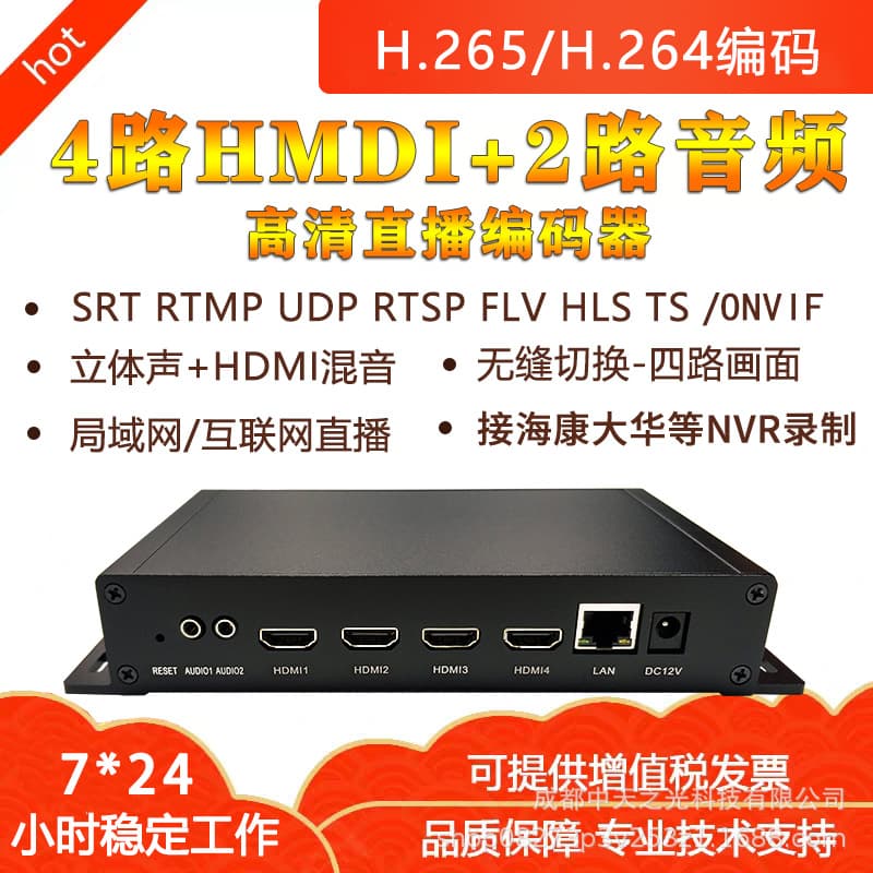 H265 4-channel hdmi video encoder rtmp srt online live streaming 4K monitoring connected to nvr recording iptv