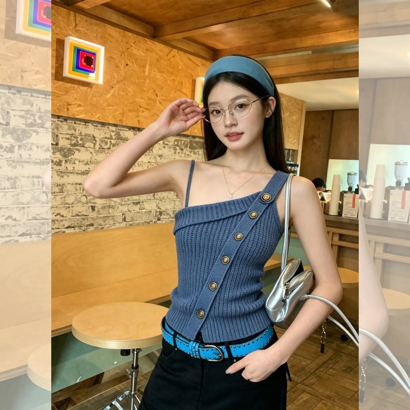 Blue off-shoulder slim-fitting button-down collar Thai stunning camisole women's 2026 summer chic and fairy top