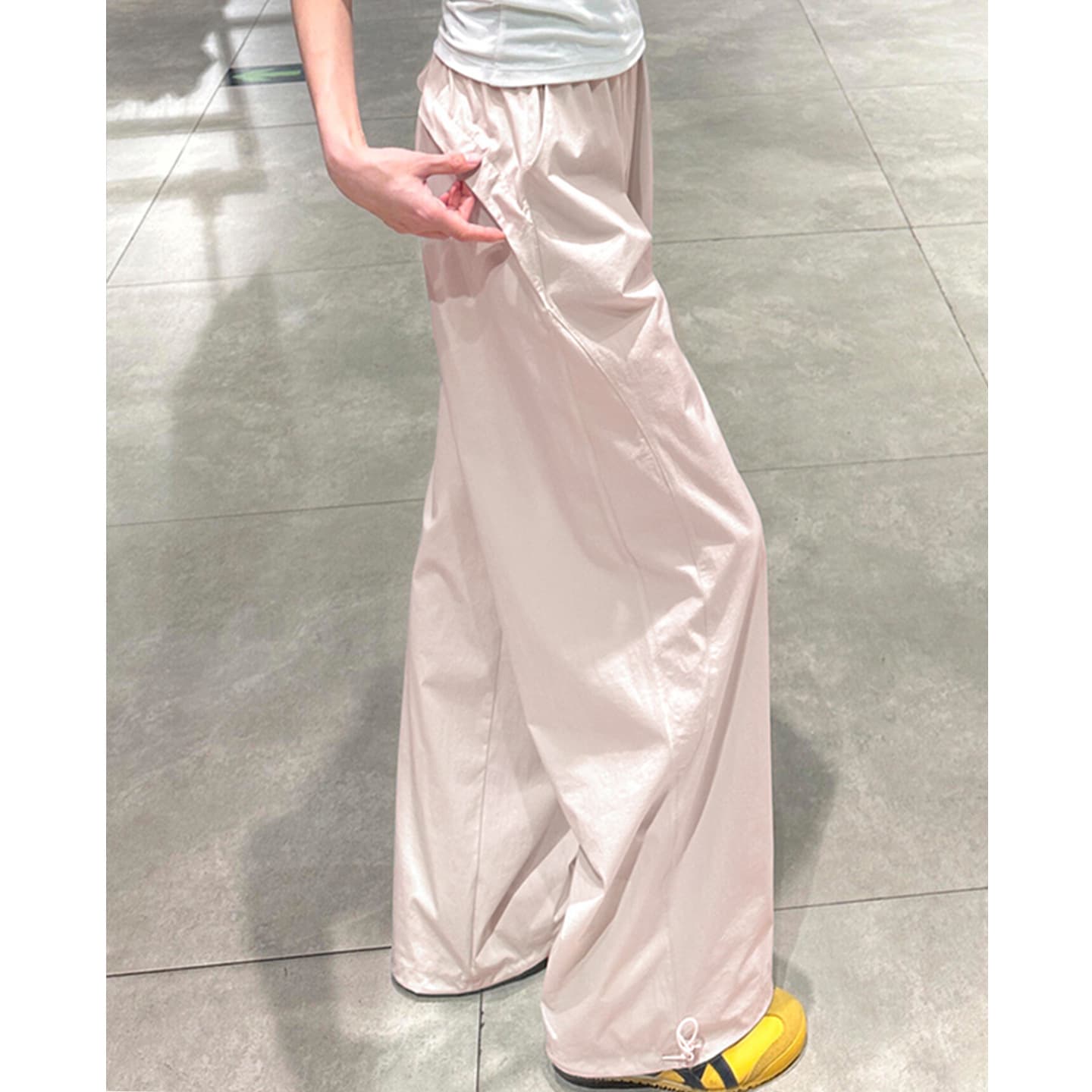 Pink American-Style Quick-Dry Sports Drawstring Pants for Women, New Summer Model, Simple High-Waisted Loose Fit, Petite Cool Style Wide-Leg Pants