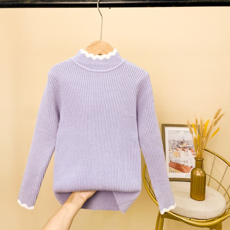 Girls' Base Layer Winter Sweater with Integrated Fleece, 2023 New Style, Large & Medium Kids, Korean Version, Mid-Neck, Fleece-Lined Knit Innerwear