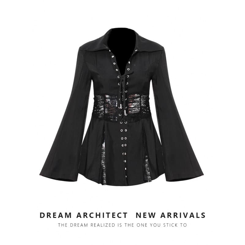 Lace Patchwork Sheer Design Black Blouse for Women Spring New Turn-down Collar Tie Waist Mid-length Shirt Fashion