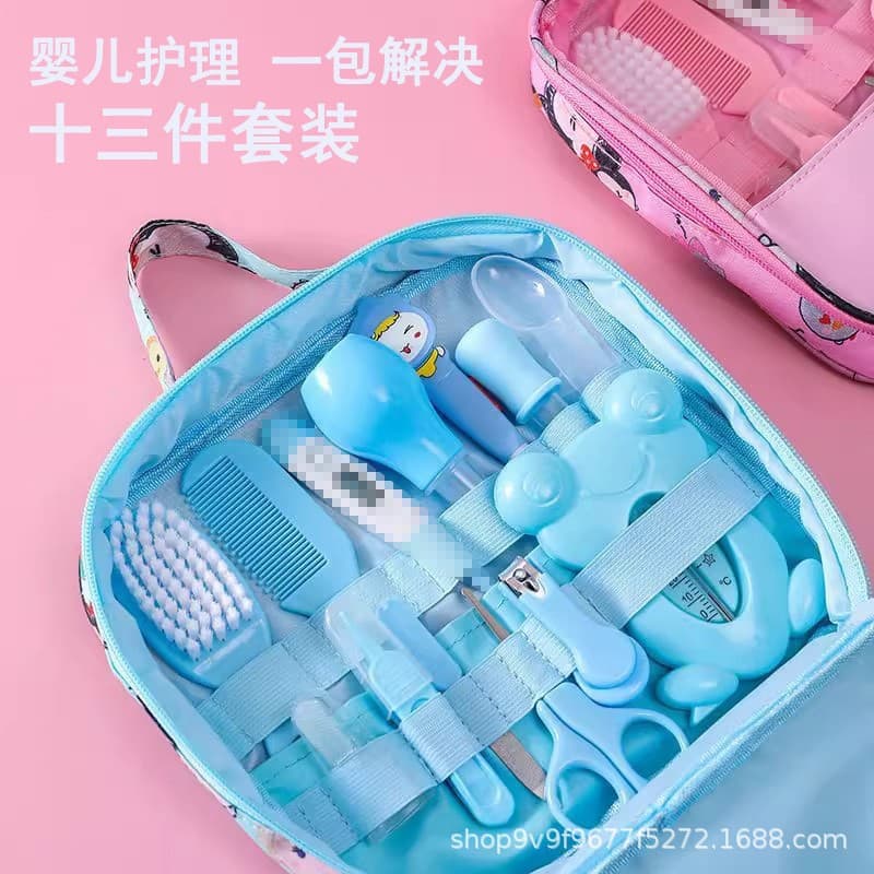 Baby Care Pouch Set 13-Piece Nail Clipper Nasal Aspirator Baby Daily Cleaning Care Kit Portable