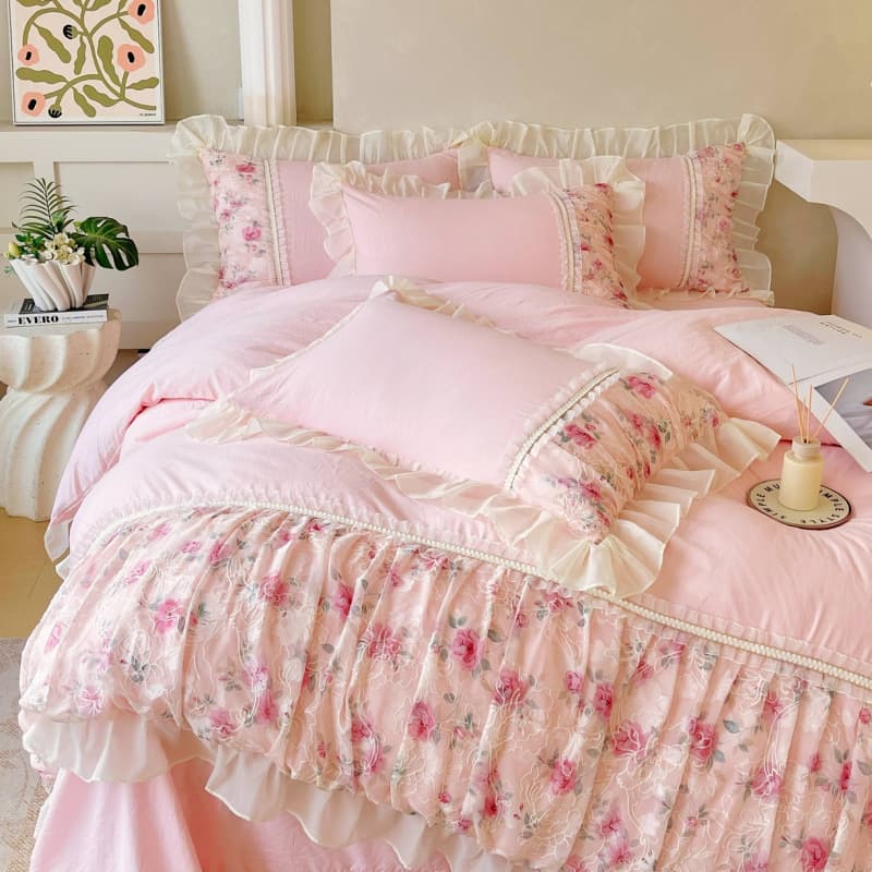 2026 New French Style Girly 4-Piece Bedding Set, Washed Soft Cotton, Princess Style with Lace Trim, Dropshipping Available