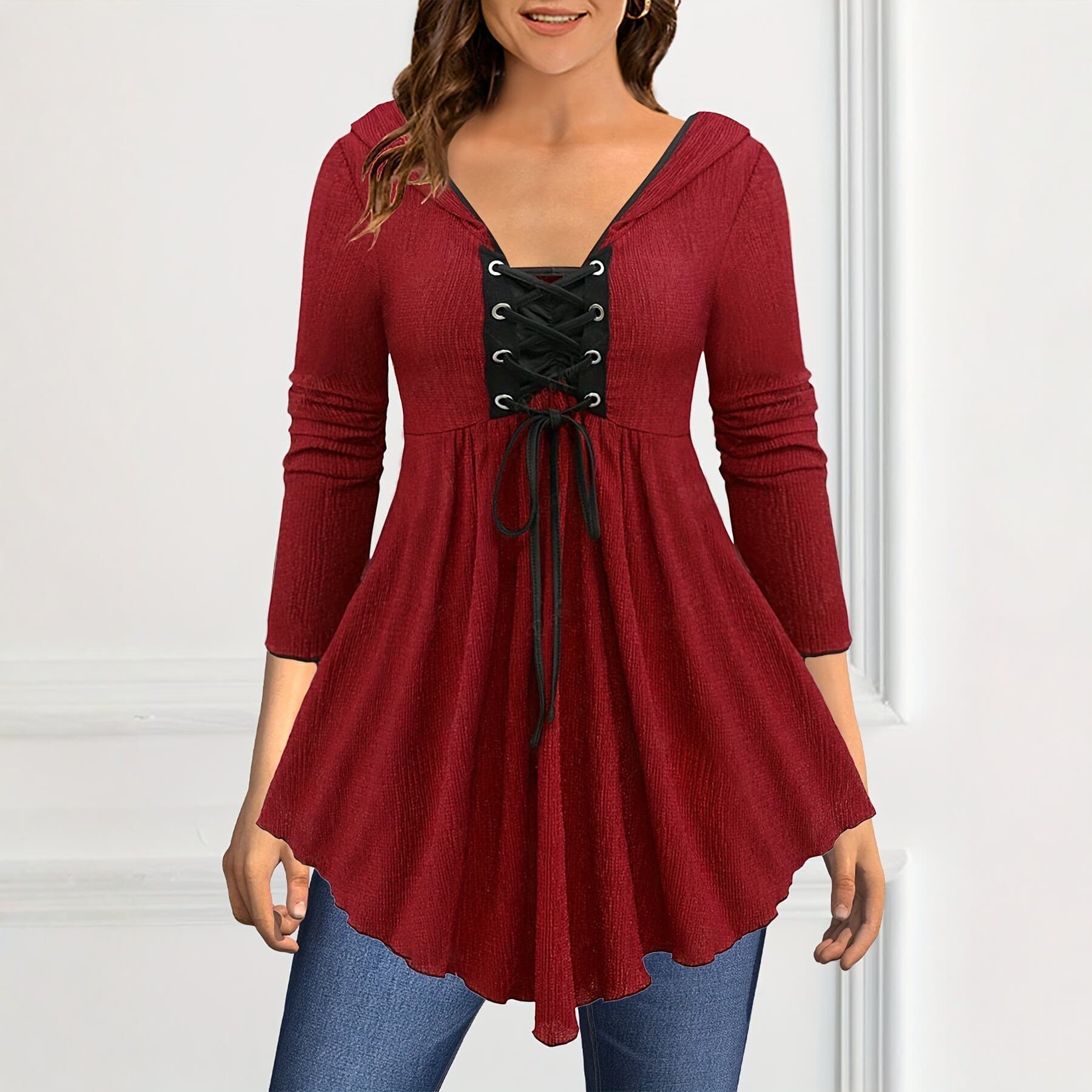Women's Simple Bohemian Style V-Neck Solid Color Elegant Shirt, Suitable for Everyday Wear in Spring and Autumn