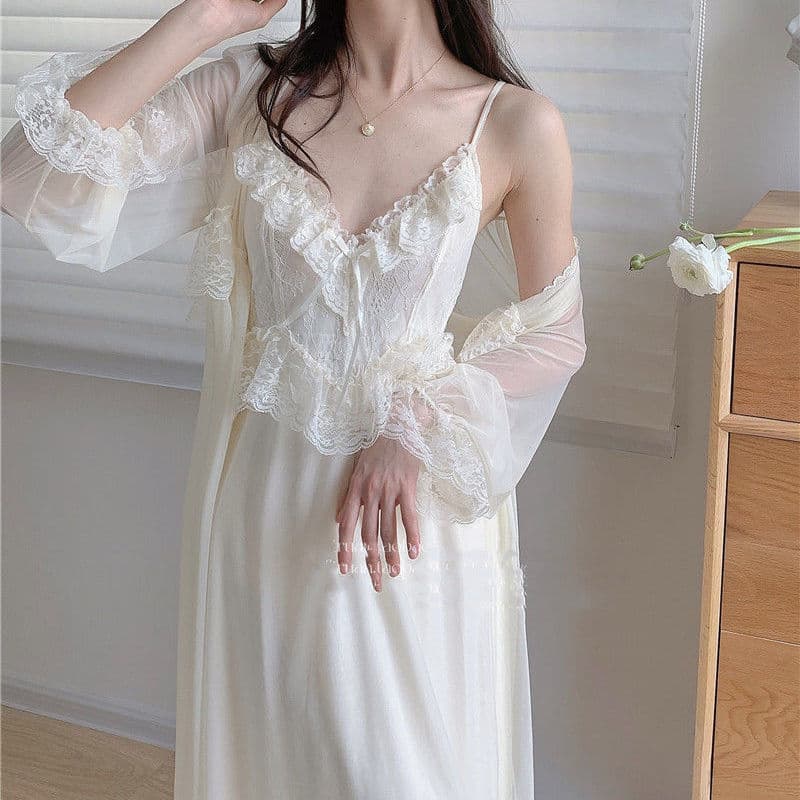 Dream Wedding Camisole Sleep Dress with Robe Set, Sexy Mesh Nightgown for Women, Summer Pajamas, Pure Desire Loungewear