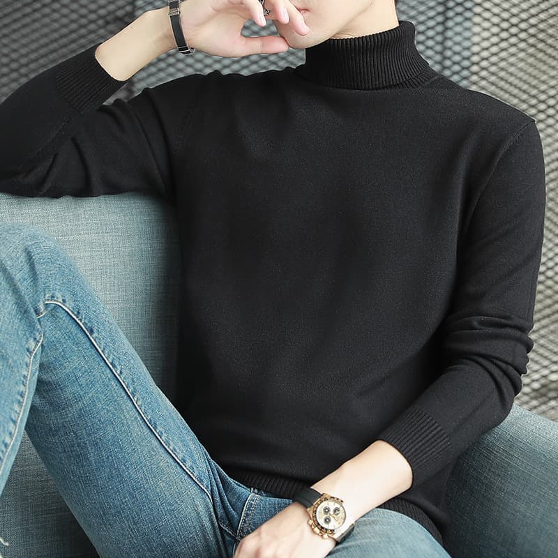 Wholesale Round Neck Half High Neck Sweater Men's Autumn Winter Top Knit Undershirt Solid Color Two Fold Collar Knitwear Fashion