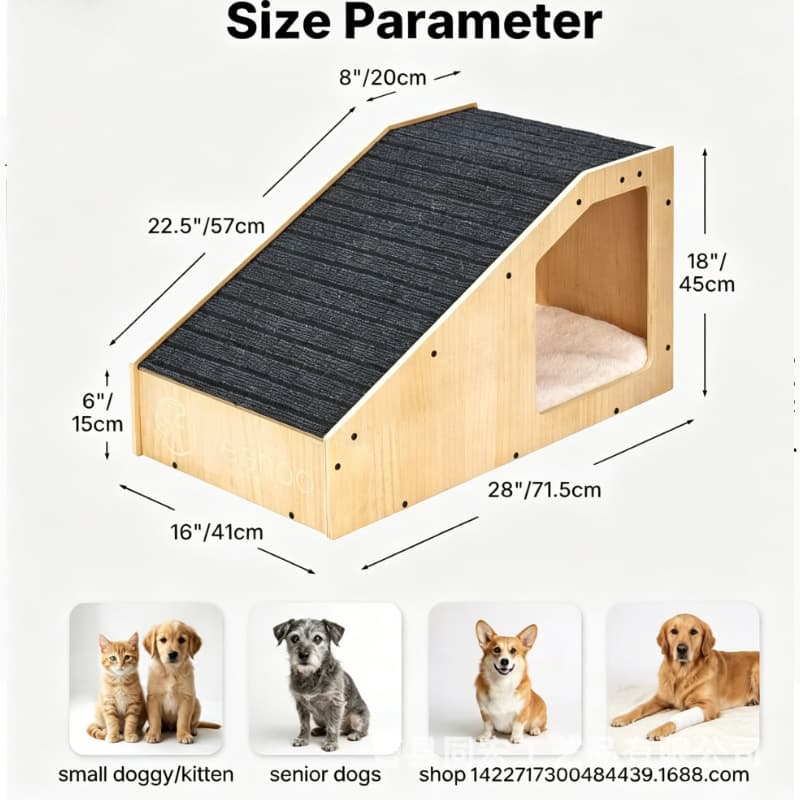 Wooden Small Dog Ramp, Wooden Slope for Dogs Climbing Bed, Cat Door Apartment-Style Structure, Climbing Ramp