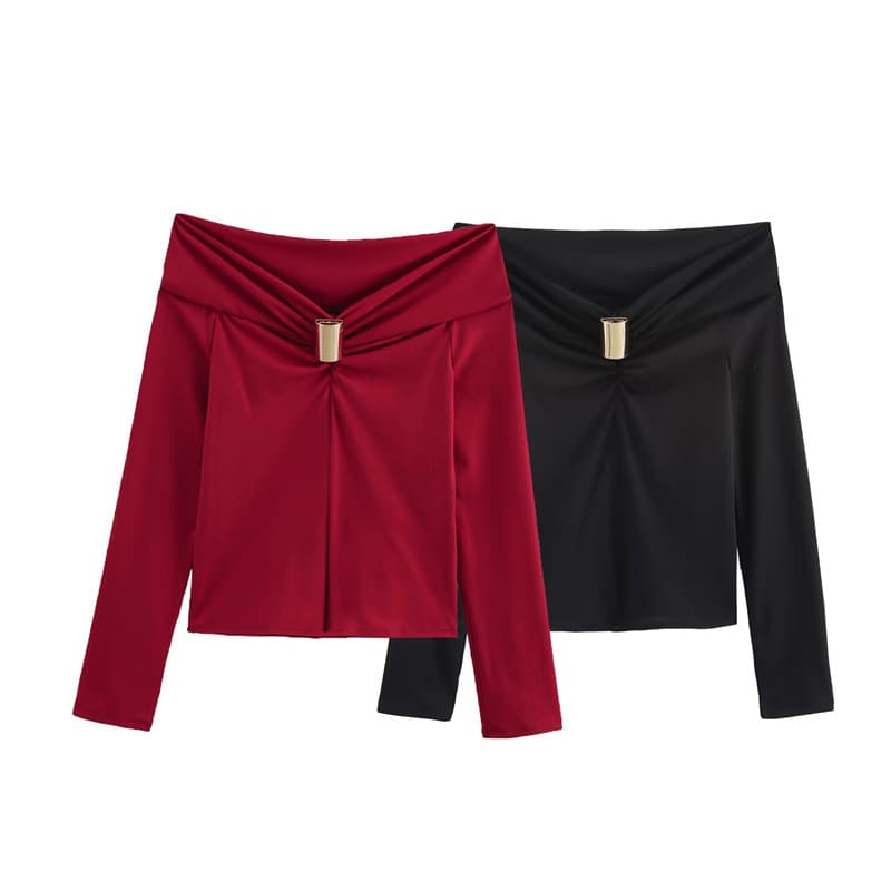 2025 Spring New Arrival One-Shoulder European and American Sexy Long-Sleeve Top Slim Fit Pure Desire Metal Button Design