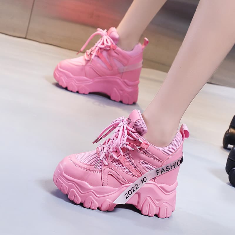 Women's Casual Mesh Dad Sneakers for Spring and Autumn, Thick-Soled Lace-Up Shoes with Inner Height Increase, Drop Shipping Available