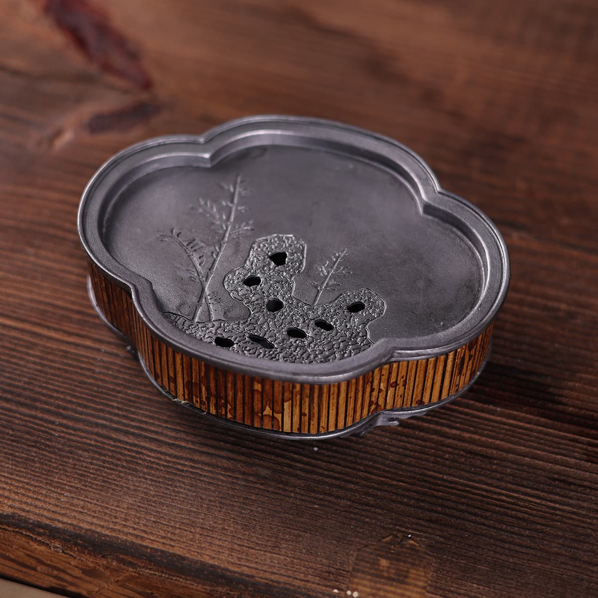 Old Pewter Teapot Stand Pure Pewter Teapot Holder Water Storage Tea Tray Covered Bowl Base Stand Host Mat Water-Holding Dry Brewing Pewter Tray Handmade Xiangfei