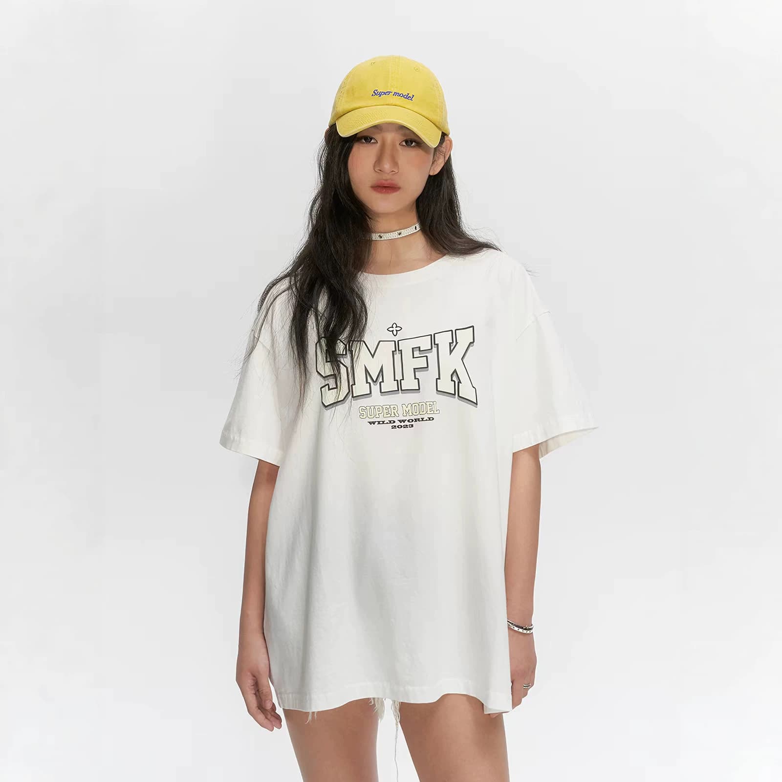 SK Washed Letter Vintage Loose-Fit Tee Original Development Celebrity Same Style Oversized Short-Sleeve T-Shirt Summer Trendy