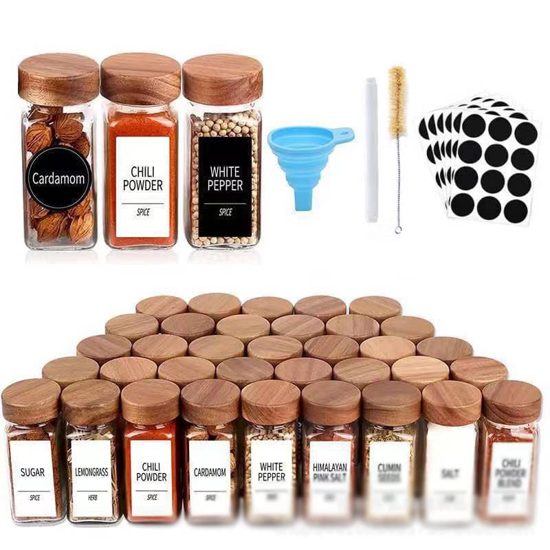 Amazon Cross-Border Square Glass Jar with Acacia Wood Lid, Kitchen Seasoning Bottle for Pepper and Spice Storage Packaging