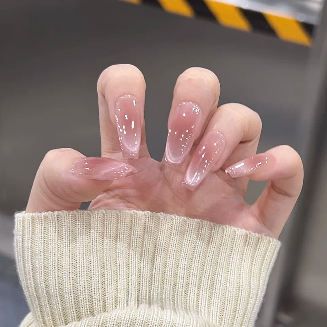 Misty Peach Handmade Press-On Nails Blush Glitter High-End Nail Tips Soft Elegant False Nails