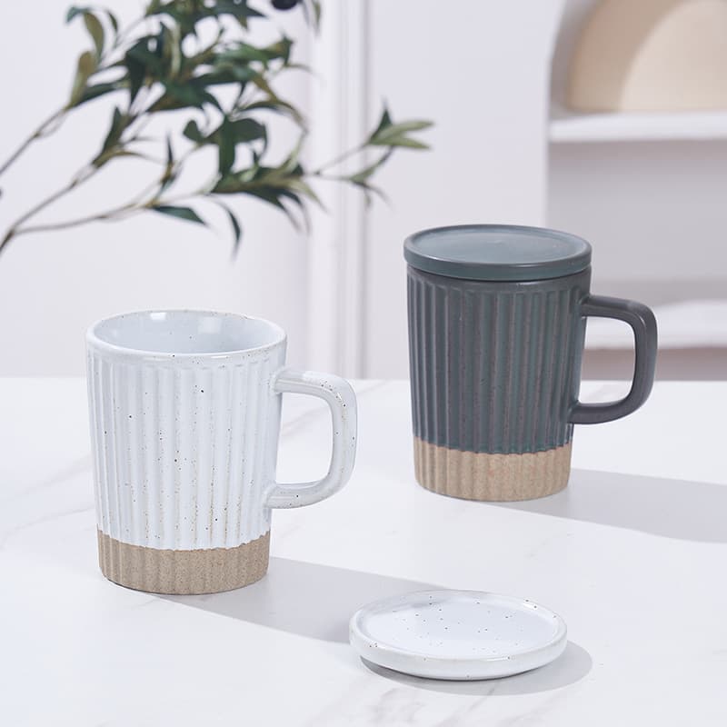 Vertical Striped Lidded Mug Retro Ceramic Office Water Cup Sesame Glaze Vintage Coarse Pottery Clay Coffee Cup