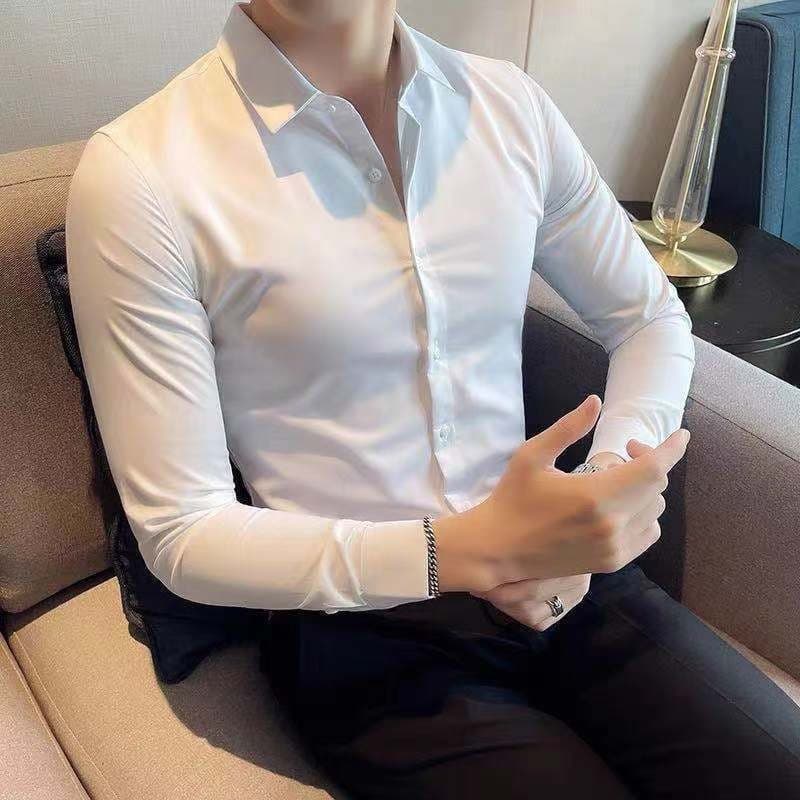 Stretch Long-Sleeve Shirt Slim Fit Thin Black Shirt Business Casual Professional Formal Workwear Office Shirt for Men