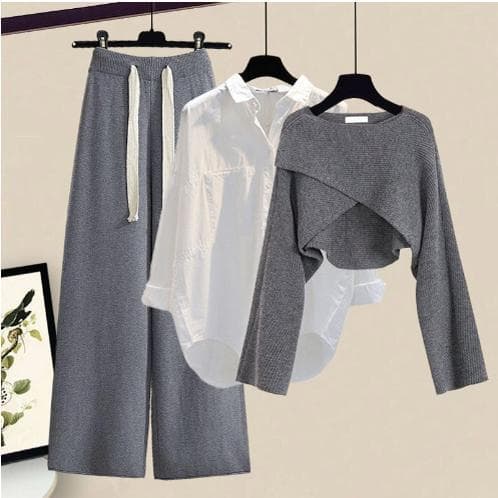New Cross-Border Trendy Salt-Style Knit Top with Slimming Casual Wide-Leg Pants 3-Piece Set