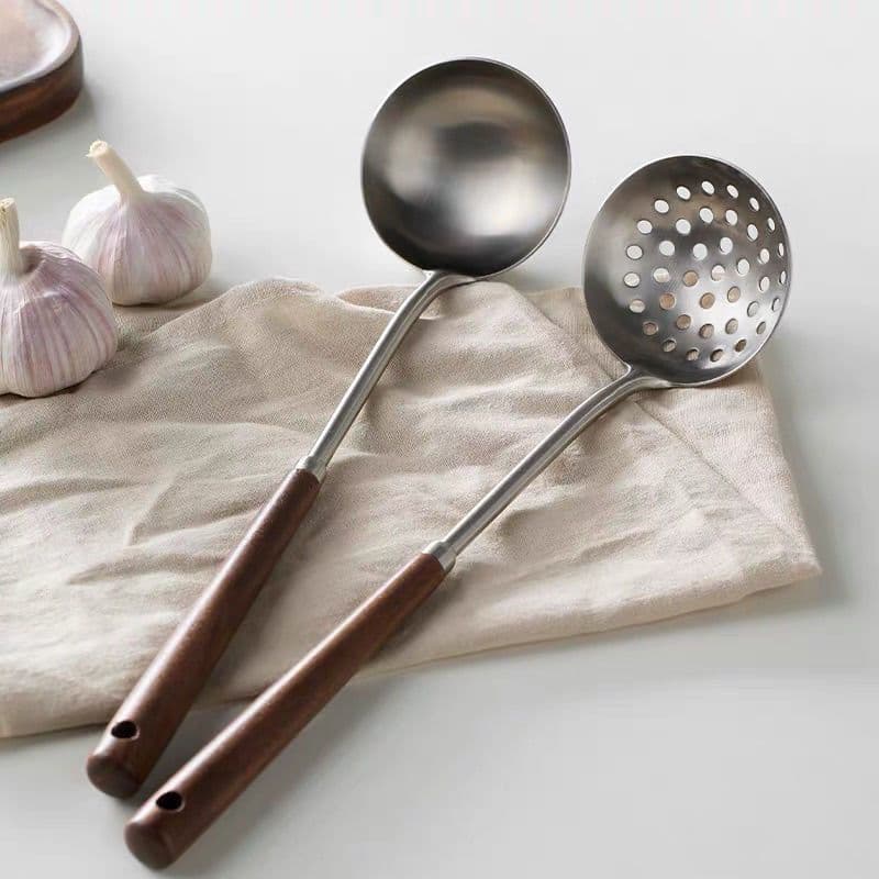 New Walnut Wood Stainless Steel Set Soup Spoon, Long Handle Spoon, Kitchen Cookware, Hot Pot Long Strainer, Wholesale