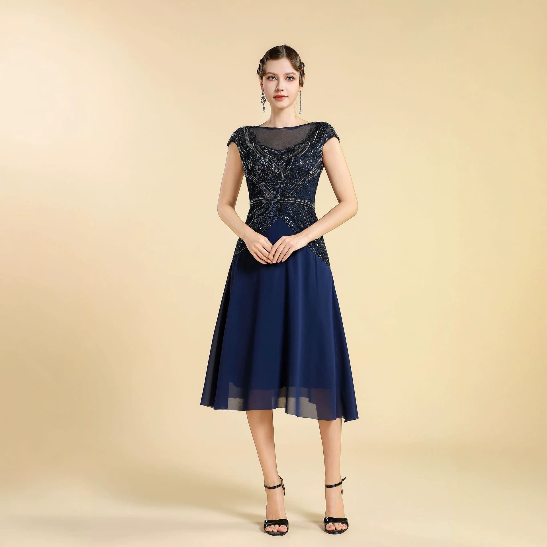 Sequin Short Sleeve Dress European and American Retro High-end Party Beaded Plus Size Evening Gown Amazon Cross-border